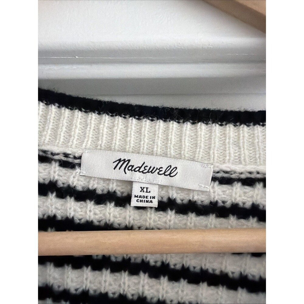Madewell Waffle-Knit 100% Merino Wool Long Sleev Cardigan in Stripe Black Crm XL - Picture 4 of 9